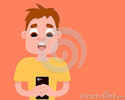 Man surprised after reading the message on mobile phone Vector Illustration