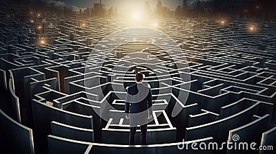 Man in surreal maze, facing labyrinth challenge, complex problem decision, strategy for success, concept of life obstacles and Stock Photo