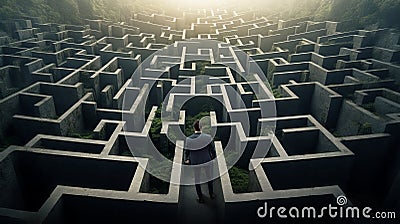 Man in surreal maze, facing labyrinth challenge, complex problem decision, strategy for success, concept of life obstacles and Stock Photo