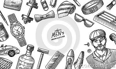 A Man Surrounded By Men 's Accessories background or poster. Gentleman, hipster or businessman, victorian era Vector Illustration