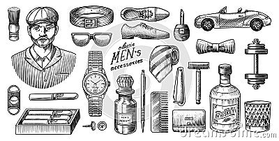 A Man Surrounded By Men 's Accessories. Gentleman, hipster or businessman, victorian era. watches and cigars Vector Illustration