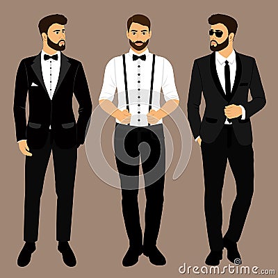 A man with suspenders. The groom. Clothing. Wedding men`s suit, Vector Illustration