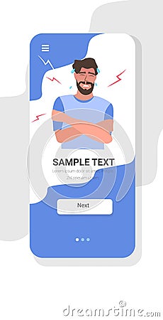 man in sweat catching cold guy having high temperature influenza infection symptoms flu sickness smartphone screen Vector Illustration