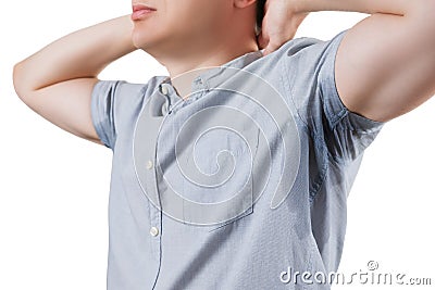 Man with sweaty armpits isolated on white background Stock Photo