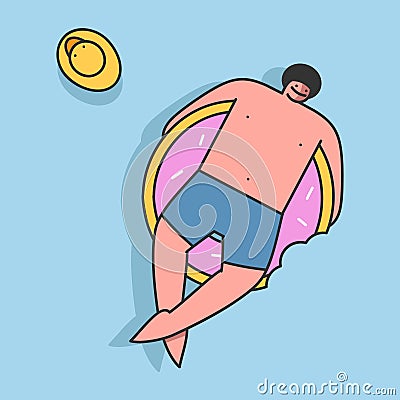 Man in swimsuit on inflatable mattress floating. Relaxed cartoon guy sunbathing, view from above Vector Illustration