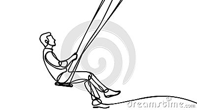 Man swinging on a swing in continuous line art drawing style. Black linear sketch isolated on white background. Vector Illustration