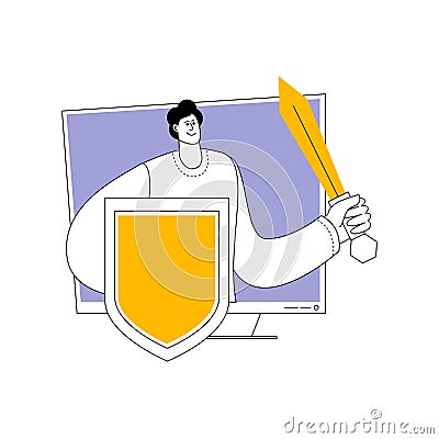 A man with a sword and a shield on the computer display. Vector Illustration