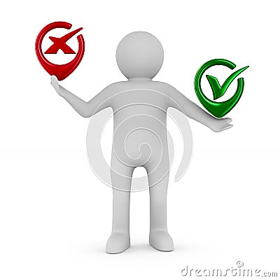 Man with symbols yes and No. Isolated 3D Stock Photo