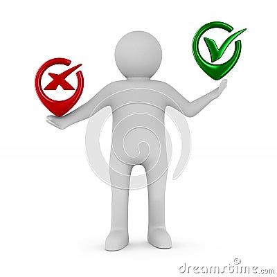 Man with symbols yes and No. Isolated 3D Stock Photo