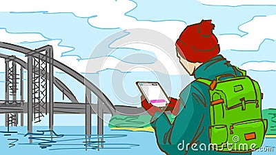 Cartoon man with a tablet is outdoor near a river with a bridge in cold spring day Vector Illustration