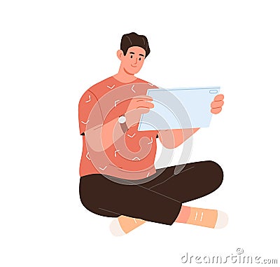 Man with tablet PC in hands, use internet and surf online. Happy person playing game with device. Student using social Vector Illustration