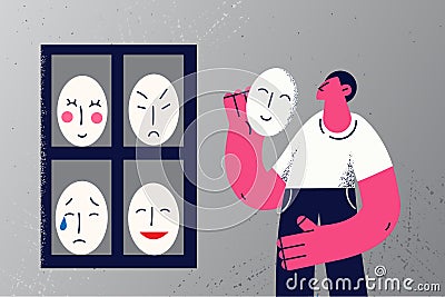 Man take mask from shelf change emotions Vector Illustration
