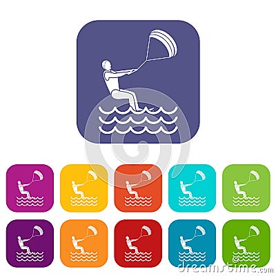 Man takes part at kitesurfing icons set Vector Illustration