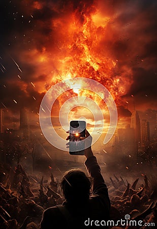 a man takes pictures of a burning city with his phone, in the style of apocalypse landscape. Stock Photo