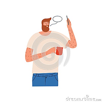 A man takes a selfie or records a video on his phone for his blog. Vector illustration in flat style Vector Illustration