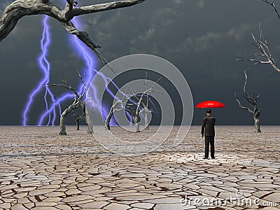 Man takes in storm under umbrella Stock Photo