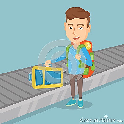 Man takes a suitcase on luggage conveyor belt. Vector Illustration