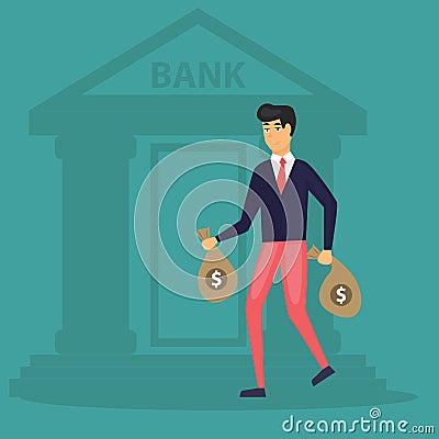 Man taking money bags to bank, savings concept, Rich business man depositing his money in bank Vector Illustration