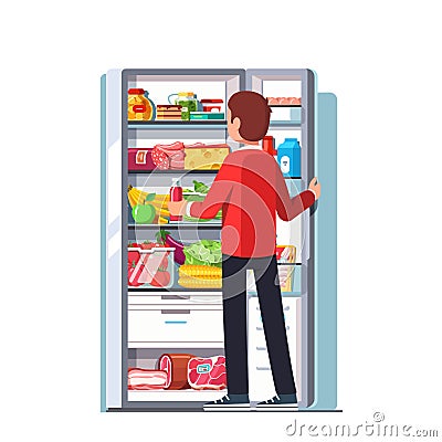 Man taking out juice from the open refrigerator Vector Illustration