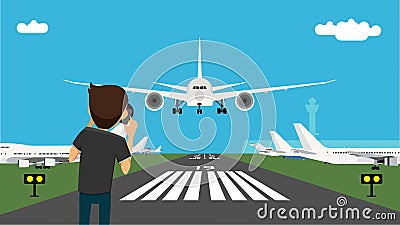 Man taking picture of the glide path and landing plane using professional camera. Vector Illustration