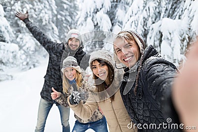 Man Taking Selfie Photo Friends Smile Snow Forest Young People Group Outdoor Stock Photo