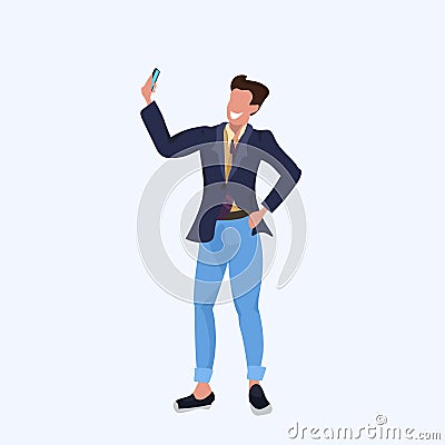 Man taking selfie photo on smartphone camera casual businessman male cartoon character posing flat full length Vector Illustration