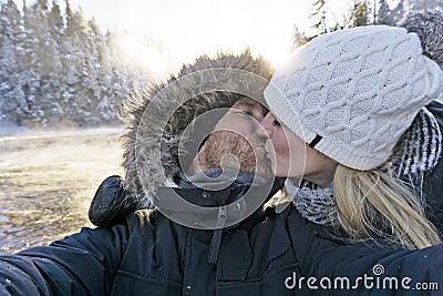 Man Taking Selfie Photo Young Romantic Couple Forest Outdoor Stock Photo