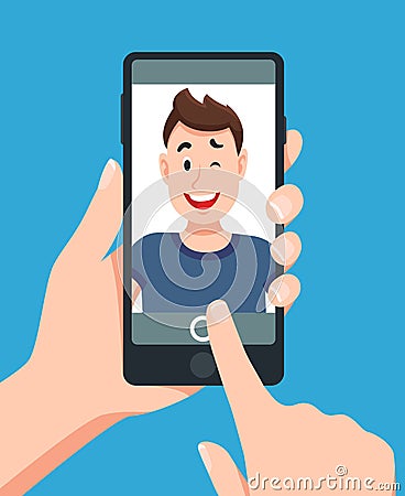 Man taking smartphone selfie portrait. Touching telephone photo cartoon vector illustration Vector Illustration