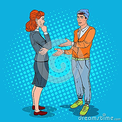 Man Talking with Business Woman in Office. Pop Art illustration Vector Illustration