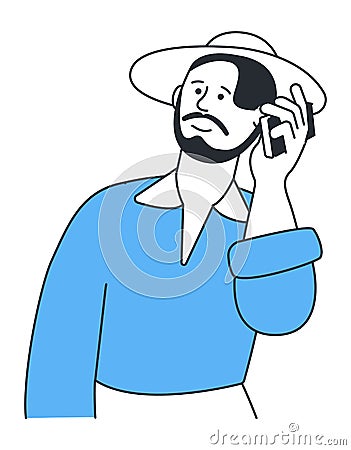 Man talking on phone. Hat guy calling on mobile from vacation Stock Photo