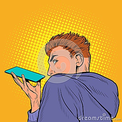 a man is talking on a smartphone on a speakerphone, holding the phone horizontally Vector Illustration