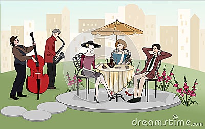 Man talking to elegant women outdoors. Summer cafe. Street musicians. Valentine's Day. Vector Vector Illustration