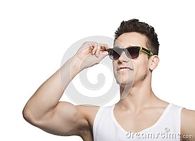 Man In Tanktop Holding Goggle Stock Photo