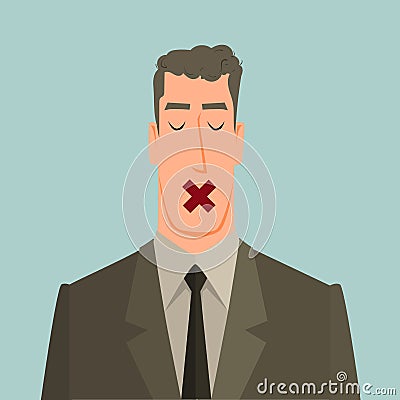 Man with tape over his mouth. Vector Illustration