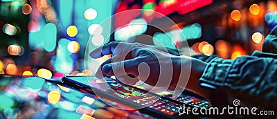 Man tapping on a tablet, large touch device. Close up image of a person using fintech software. Stock Photo