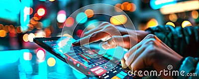 A man tapping a tablet, large touch device. Close up image of a person using fintech software. Stock Photo