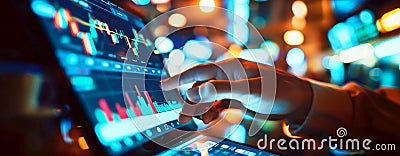 A man tapping a tablet, large touch device. Close up image of a person using fintech software. Stock Photo
