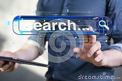 Man tapping with two fingers on a graphic blue and white search symbol Stock Photo