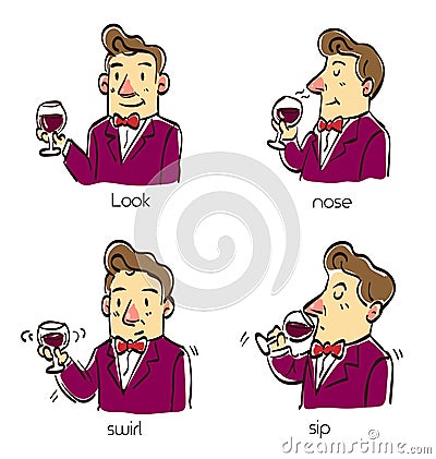 A man taste wine in four steps method. Cartoon Illustration