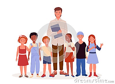 Man teacher and joyful school children standing together, male coach or tutor and pupils Vector Illustration