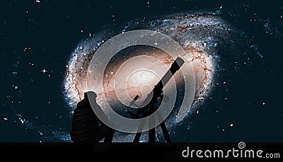 Man with telescope looking at the stars. Spiral galaxy Stock Photo