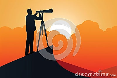 man with telescope observing the future, concept of Exploration of possibilities Stock Photo