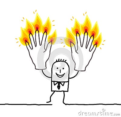 Man with ten burning fingers Vector Illustration