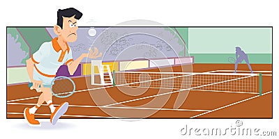Man with tennis ball playing tennis. Funny people. Illustration for internet and mobile website Vector Illustration
