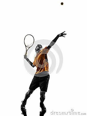 Man tennis player at service serving silhouette Stock Photo