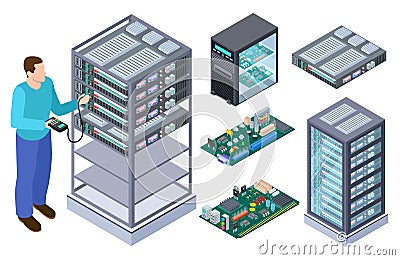 Man tests computer equipment. QA tester, motherboards and data storages vector isometric collection Vector Illustration