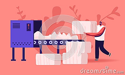 Man Textile Factory Worker Put Raw Cotton Material on Conveyor Belt for Pressing and Making Bales in Blow Room Vector Illustration