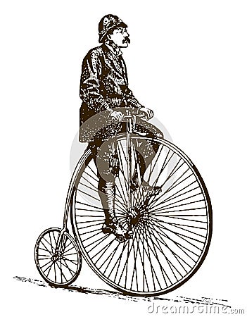 Man from the 19th century riding an antique high wheel bicycle Vector Illustration