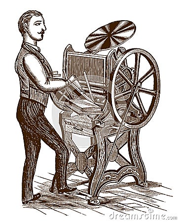Man from the 19th century working in front of a printing press Vector Illustration