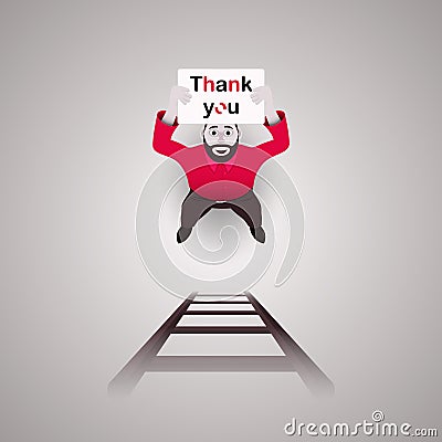 The male character, a man, is holding a poster that says `Thank you.` To help him down the stairs. Vector illustration. Stock Photo